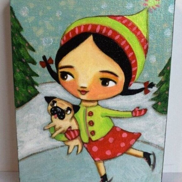 Child Ice Skating Fawn Pug Dog Christmas Tree Tascha Parkinson Painting Art! - Picture 1 of 6